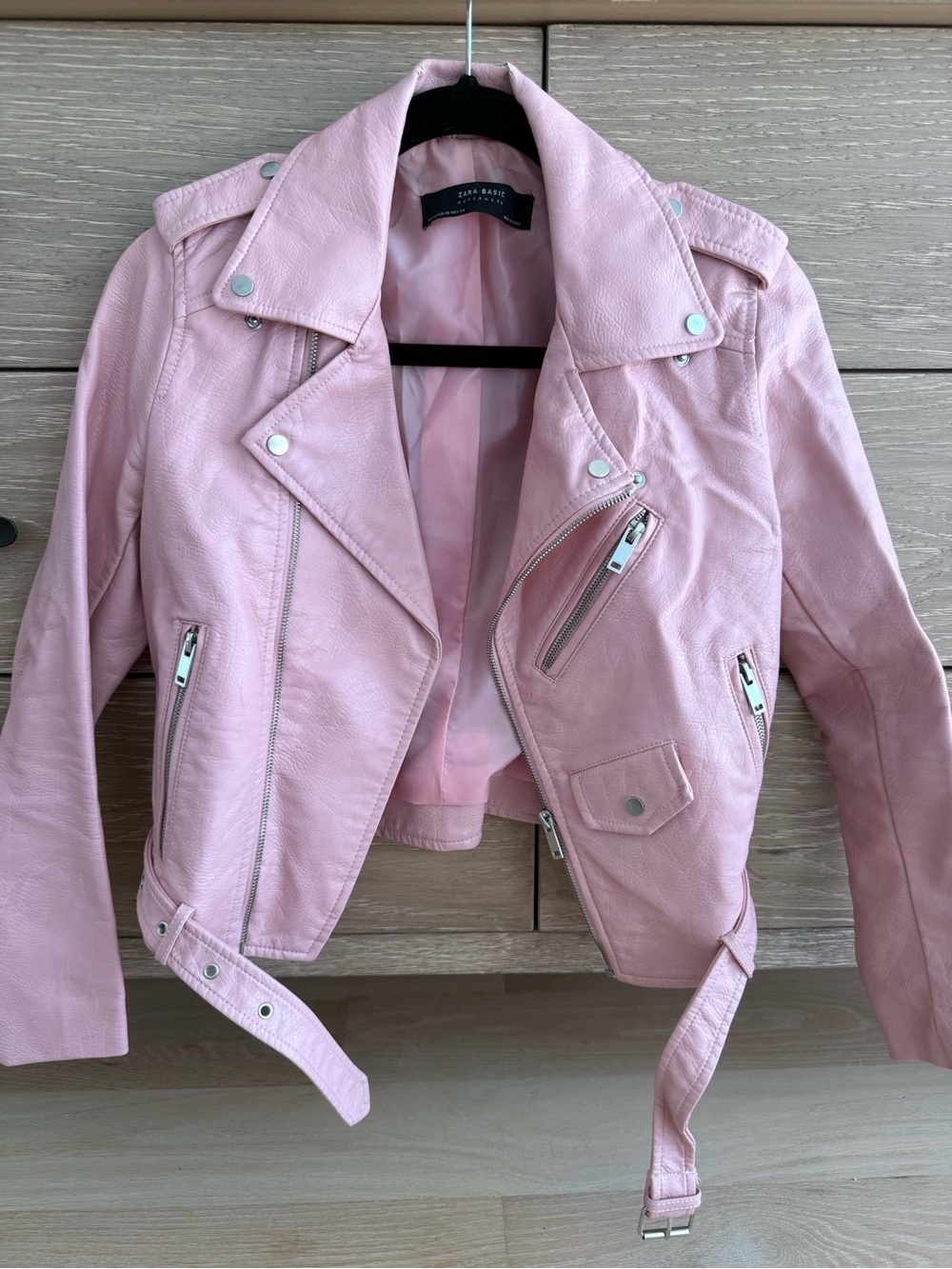 Zara Light Pink Faux Leather Moto Jacket with Silver Hardware